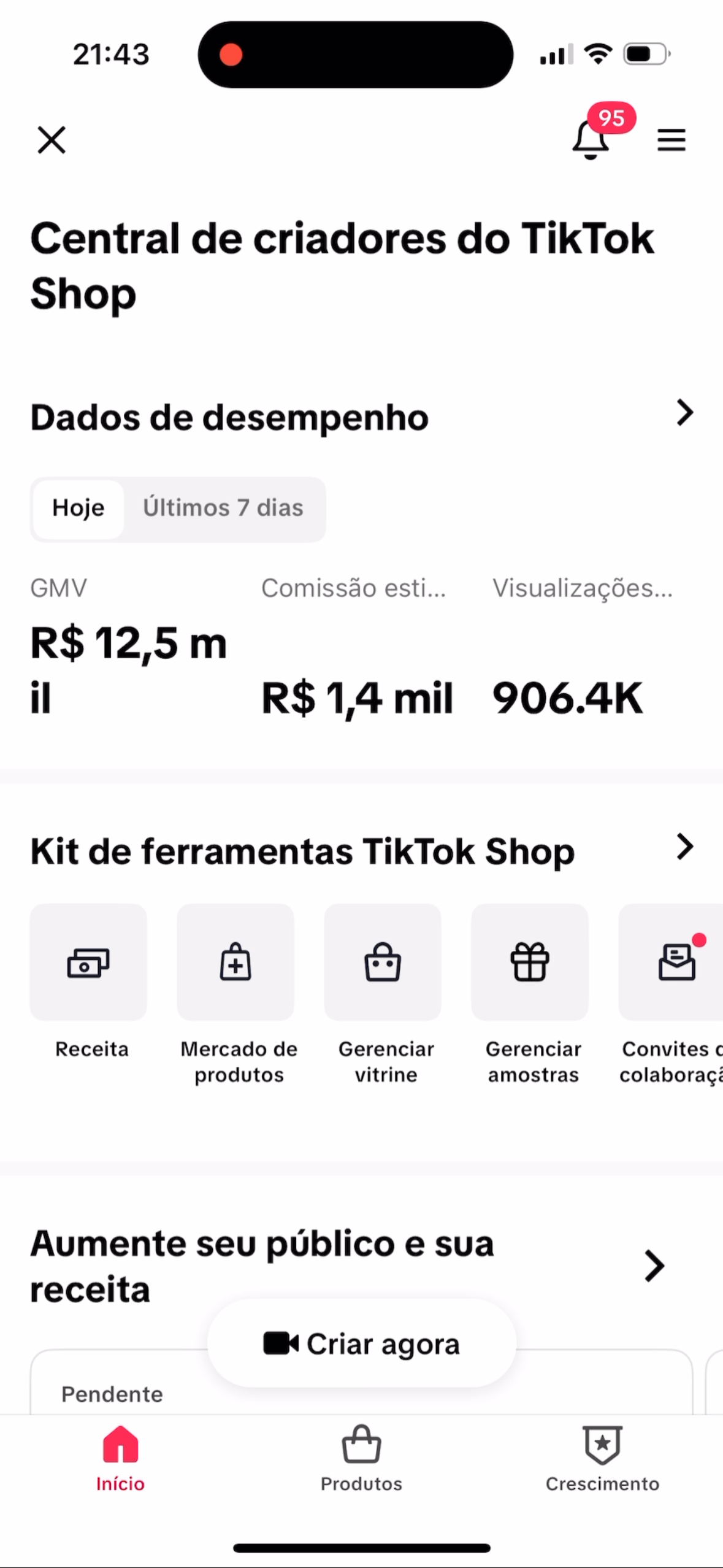 Print fornecido da Central de criadores do TikTok Shop com dados de desempenho do dia.