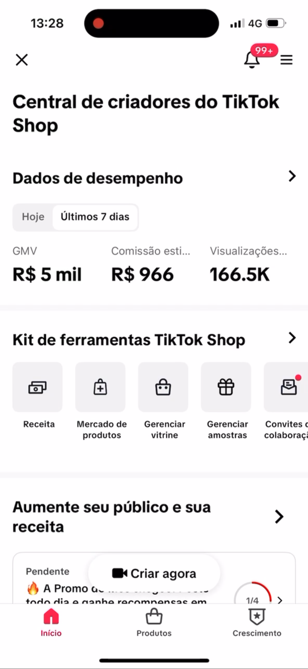 Print fornecido da Central de criadores do TikTok Shop com dados de desempenho dos últimos 7 dias.