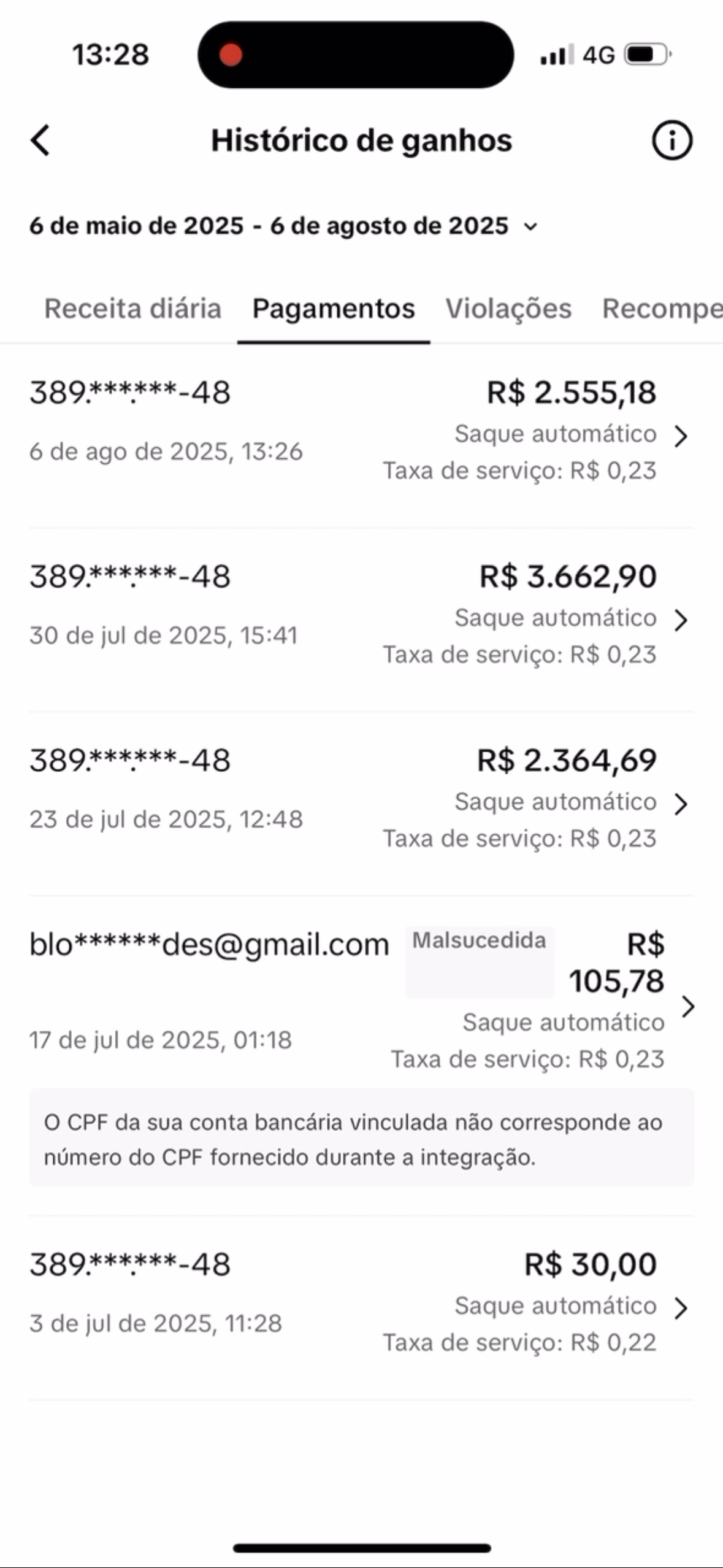 Print fornecido mostrando histórico de pagamentos e saques automáticos no TikTok Shop.