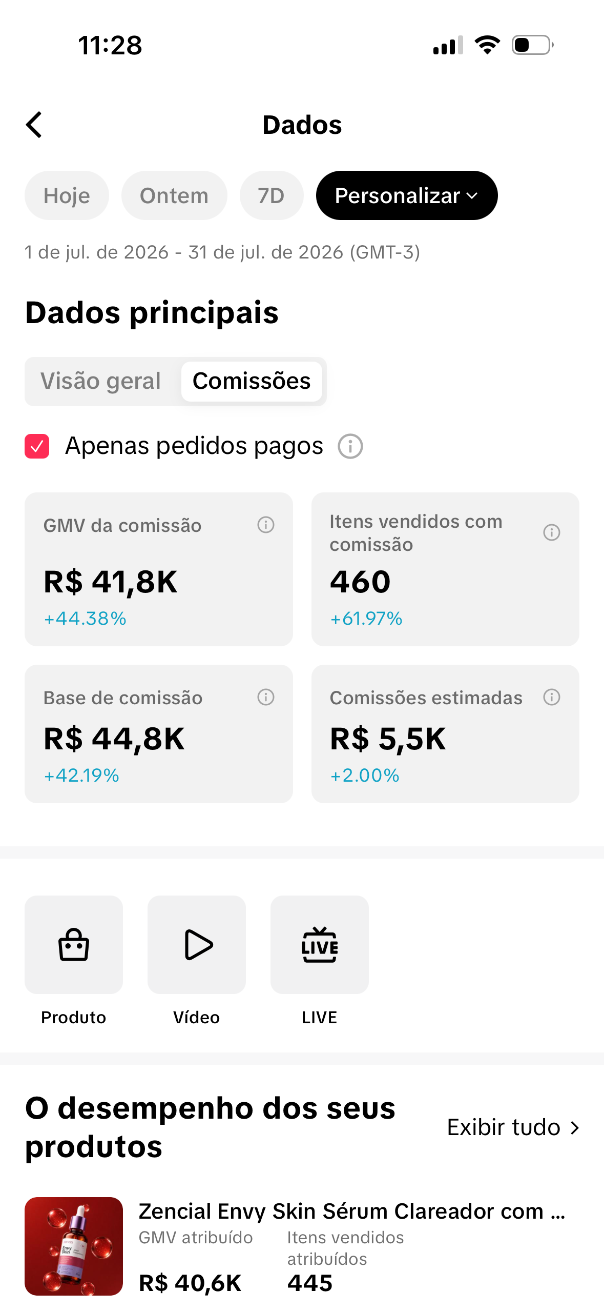 Print fornecido de dados de comissões do TikTok Shop referente a julho de 2026.